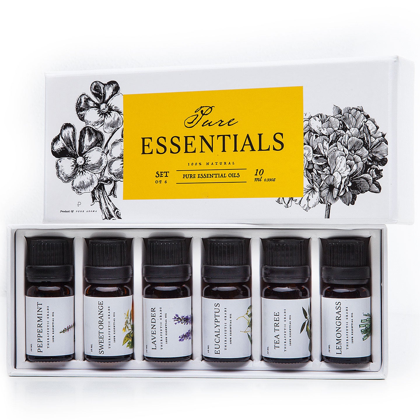 PURE Essentials Oils - Top 6 Aromatherapy Oils in 1 Box (10 Ml)